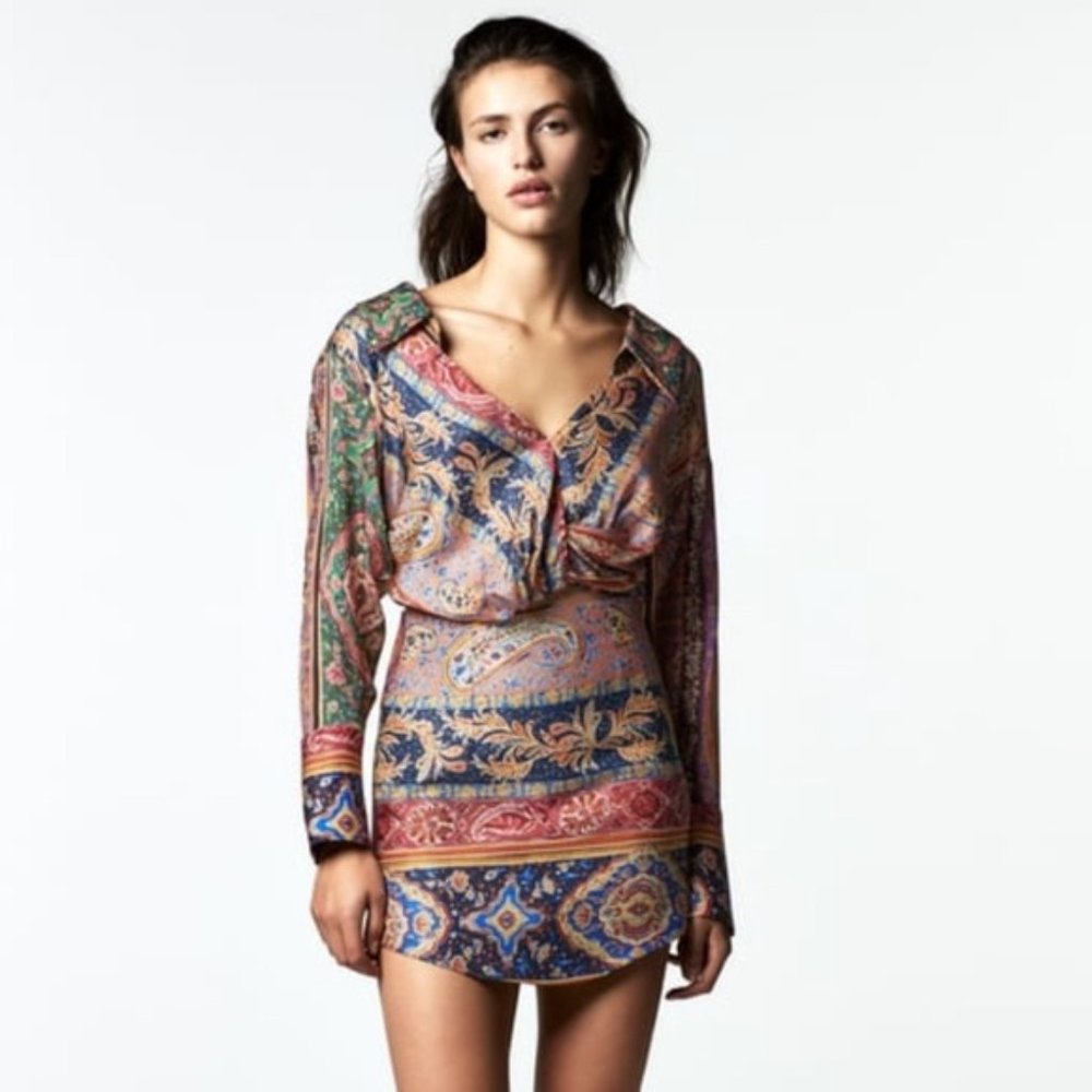 Zara NWT long sleeves printed paisley tie cropped satin boho blouse size small